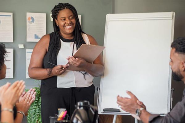 A freelancer giving a pitch to a prospective client.